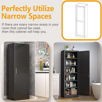 Metal Locker Tall Narrow Storage Cabinet, 67" H Locking Tool File Cabinets Snack Locker Organizer for School Classroom,Bedroom,Gym Home Office,Entryway and Hallway (20" W 1Door Black)