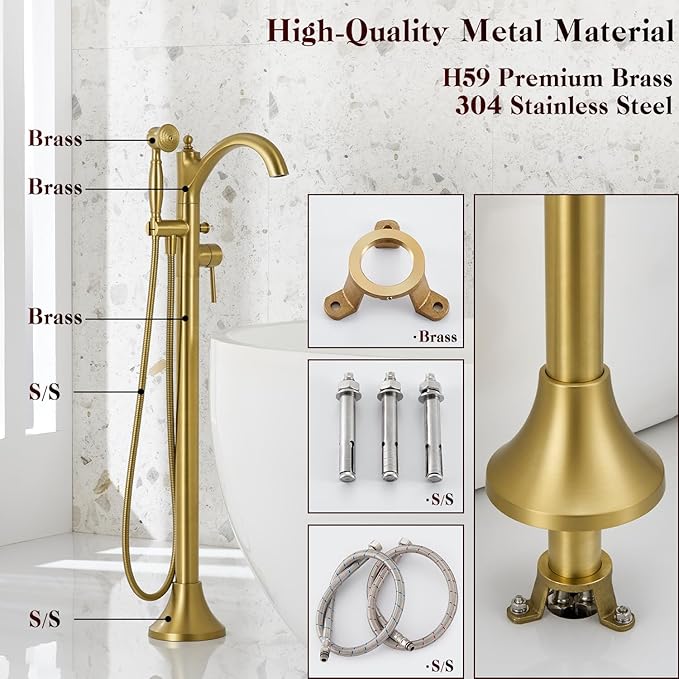 Free Standing Tub Faucet, Brushed Gold Classic Freestanding Bathtub Faucet with Vintage Hand Shower Brass High Flow Rate Floor Mount Tub Filler Swivel Spout Roman Tub Faucet Set (WT-9002BG)