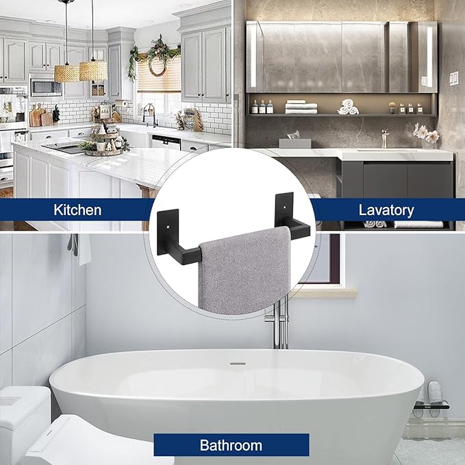 NearMoon Self Adhesive Bathroom Towel Bar, Stainless Steel Square Bath Wall Shelf Rack Hanging Towel Stick On Sticky Hanger Contemporary Style, Towel Rack Wall Mounted (12 Inch, Matte Black)