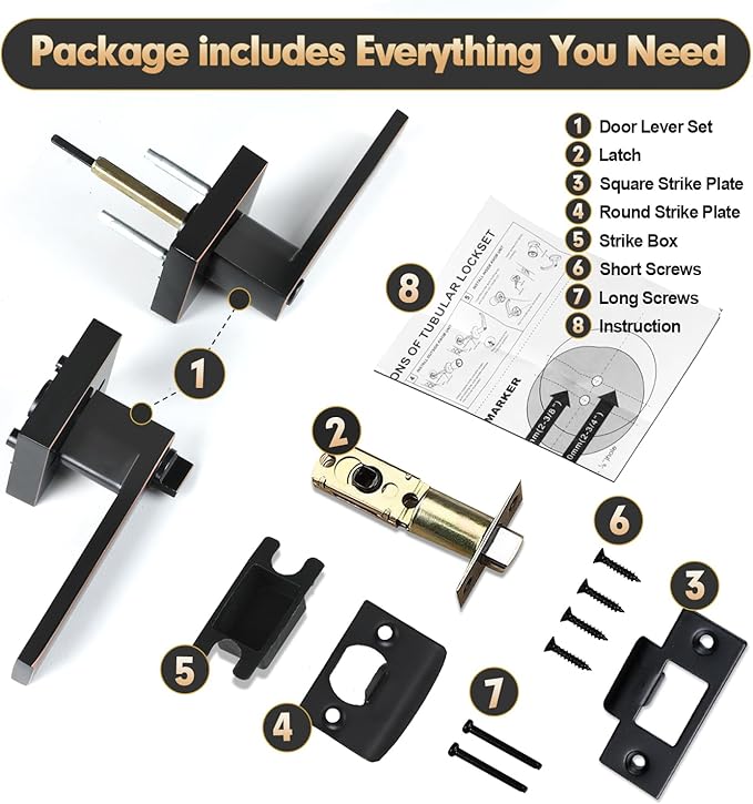 Privacy Door Levers, 8 Pack Oil Rubbed Bronze Door Handles Interior Heavy Duty Bed and Bath Keyless Door Locksets, Reversible for Left Right Handed Doors
