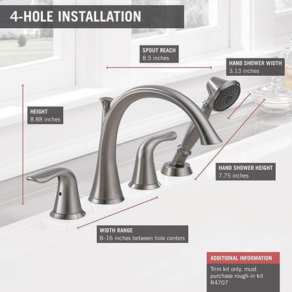 Delta Faucet Lahara Roman Tub Faucet Set with Hand Shower - T4738-SS - Bathtub Trim Kit with Tub Faucet, Handles & Hand Shower - Stainless (Valve Sold Separately)