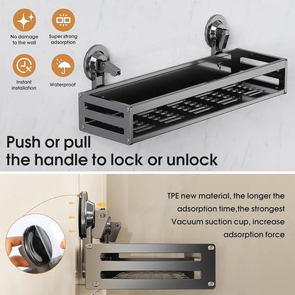 Shower Caddy Suction Cup, 15.8 inch 2 Pack Suction Shower Shelf with Hooks NO-Drilling Bathroom Holder, Rustproof Bathroom Organizer, Includes 2 Extra Suction Cups, Dark Grey