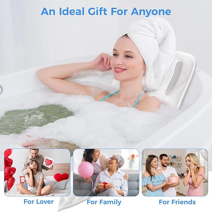 Full Body Bath Pillow for Tub, Soft Bathtub Pillow for Neck and Back Support, Washable 4D Mesh Bathtub Cushion with 11 Non-Slip Suction Cups, White
