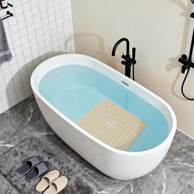 Anti-Slip Bathtub Shower mat, 20.8×20.8（Approximately 53×53cm） inch Soft Oversized Machine Washable Non-Slip Bathtub mat with Drainage Holes, Bathroom Floor Suction Cup.（1-Opaque Khaki）