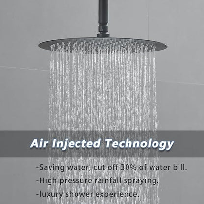 Matte Black Round Shower Faucet Set with Body Jets 16 Inch Shower Head Handheld Shower Combo Set High Pressure Ceiling Mount with Rough-in Valve