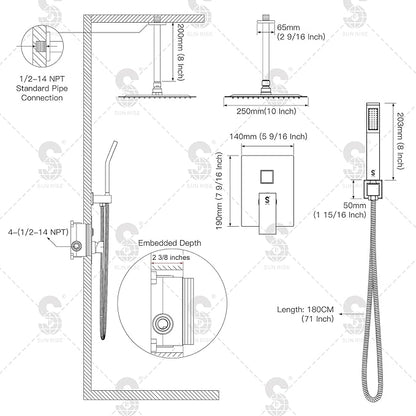 SR SUN RISE SRSH-C1003 Ceiling Mount Bathroom Luxury Rain Mixer Shower Combo Set Rainfall Shower Head System 10 Inch Polished Chrome (Contain Shower Faucet Rough-In Valve Body and Trim）