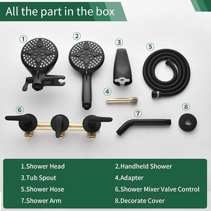 3 Handle Tub Shower Faucet Set Shower System with Tub Spout Bathtub Faucet Set Shower Tub Combo Set Complete Tub and Shower Trim Kit Matte Black