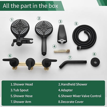 3 Handle Tub Shower Faucet Set Shower System with Tub Spout Bathtub Faucet Set Shower Tub Combo Set Complete Tub and Shower Trim Kit Matte Black
