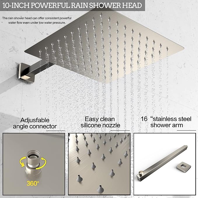 Rain Shower System 12 Inches Shower Head with Handheld Combo Set for Bathroom,High Pressure Rainfall Shower Faucet Set Wall Mounted,Rough-in Valve and Trim Kit(Brushed Nickel)