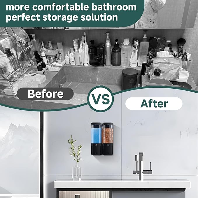 Shampoo and Conditioner Dispenser Wall Mounted No Drill, Shower Soap Dispenser 2 Chamber Shampoo Conditioner Body Wash Refillable 2 * 17oz Shower Soap Dispenser for Bathroom Hotel, Black+Clear
