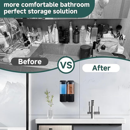 Shampoo and Conditioner Dispenser Wall Mounted No Drill, Shower Soap Dispenser 2 Chamber Shampoo Conditioner Body Wash Refillable 2 * 17oz Shower Soap Dispenser for Bathroom Hotel, Black+Clear