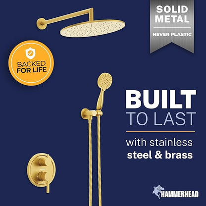 HammerHead Solid Metal Rain Shower System Set with Handheld and 10" Rainfall Head, Shower Valve and Trim Kit, 2-Handle Shower Faucet Set with 2 Way Diverter Body – Brushed Gold
