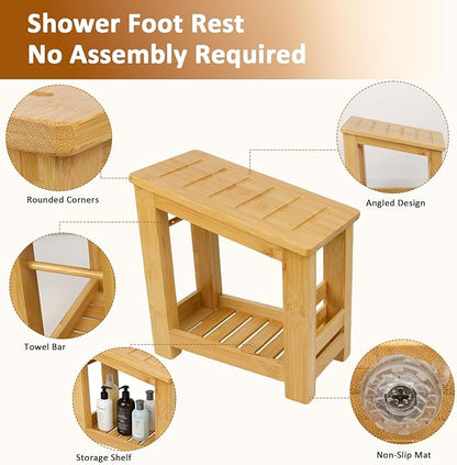 Shower Foot Rest, Small Bamboo Foot Stool with Storage Shelf, Shower Stool for Shaving Legs, No Assembly Required, Natural