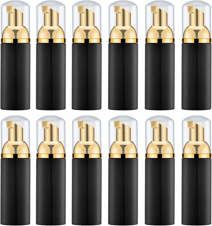 2 Oz Foam Pump Bottle (12PCS). Empty Foaming Soap Dispenser for Refillable Travel Liquid Hand Soap, Body Wash, Eyelash Shampoo. BPA Free Mini Pocket Size(Black&Gold Pump&Clear Cap)