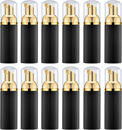 2 Oz Foam Pump Bottle (12PCS). Empty Foaming Soap Dispenser for Refillable Travel Liquid Hand Soap, Body Wash, Eyelash Shampoo. BPA Free Mini Pocket Size(Black&Gold Pump&Clear Cap)