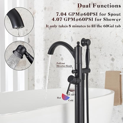 Freestanding Bathtub Faucet, Matte Black Classic Free Standing Tub Faucet with Vintage Handheld Sprayer High Flow Max 7.04GPM Floor Mounted Tub Filler (WT-9002BK)