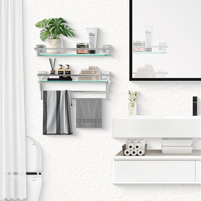 LANC Bathroom Shelves Glass Shelf 20-Inch Brushed Nickel Floating Tempered Glass Shelf Rectangular Modern Stainless Steel Wall Mount Shelves for Shower Bathroom Kitchen Organizers Accessories，A7613BN