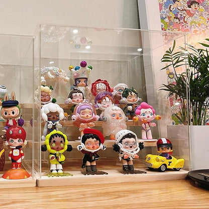 Choowin 5 Tier Clear Acrylic Display Case for Collectibles, Mini Figures, Pop Mart, Labubu, Sonny Angel, Smiski - Assemble Dustproof Acrylic Display Box with Door, Stand (Wood Base Step)