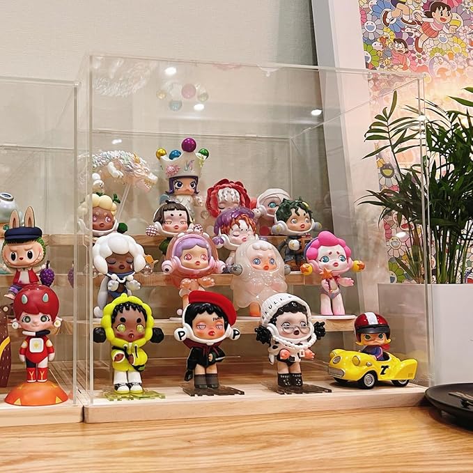 Choowin 4 Tier Clear Acrylic Display Case for Collectibles, Mini Figures, Pop Mart, Labubu, Sonny Angel, Smiski - Assemble Dustproof Acrylic Display Box with Door, Stand (Wood Base Step)