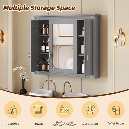 Merax Wall Mounted Bathroom Medicine Cabinet with Mirror, Bathroom Wall Cabinet with Doors and Shelves, 34" x 29" Mirrored Door Over Toilet Storage Cabinet, Black