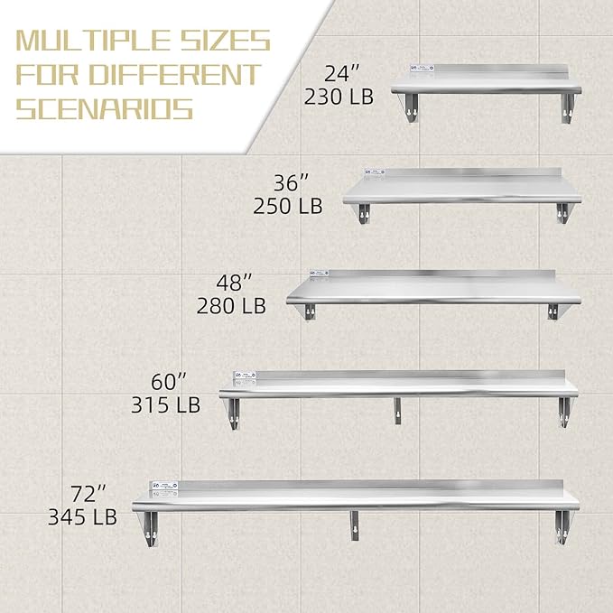 Hally Stainless Steel Shelf 12 x 72 Inches 345 lb, NSF Commercial Wall Mount Floating Shelving for Restaurant, Kitchen, Home and Hotel