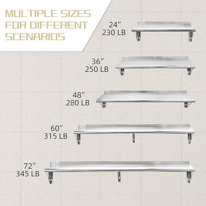 Hally Stainless Steel Shelf 12 x 48 Inches 280 lb, NSF Commercial Wall Mount Floating Shelving for Restaurant, Kitchen, Home and Hotel