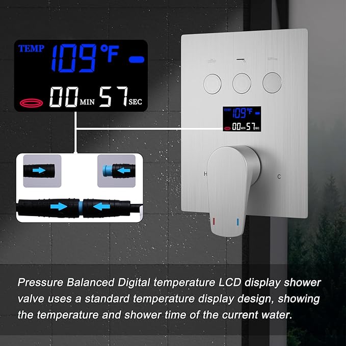Shower System Brushed Nickel Shower Faucet Set 12 Inch Ceiling Mounted Full Body Shower System with Body Jets, Handheld Spray, Digital Temperature Display Shower Valve
