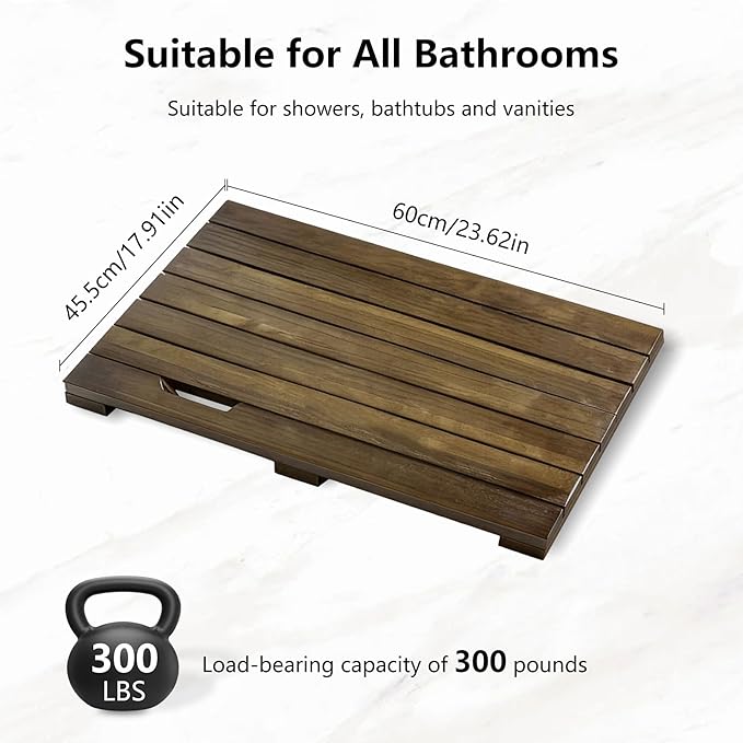 Teak Wood Shower Mat, 24"x18" Bath Floor Mat with Natural Surface for Indoor Shower, Bathroom Spa (24"x18")