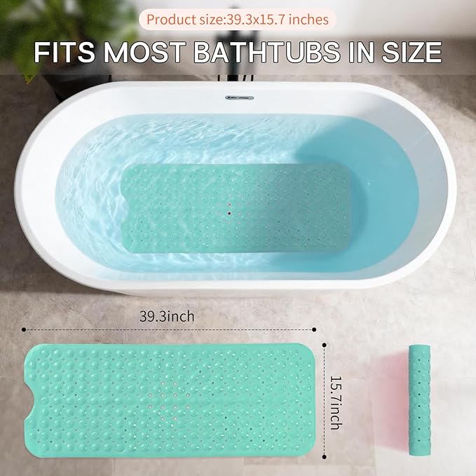 Anti-Slip Bathtub Shower mat, 39.3×15.7 inch（Approximately 100 × 40cm） Soft Oversized Machine Washable Non-Slip Bathtub mat with Drainage Holes, Bathroom Floor Suction Cup.（1-Opaque Mars Green）