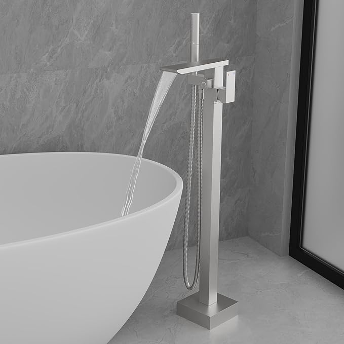 RUMOSE Brushed Nickel Bathtub Filler Freestanding Tub Filler Floor Mount Tub Faucet Waterfall Bathtub Faucet with CUPC Certified High Flow Brass Bath Shower Faucets with Handheld Sprayer