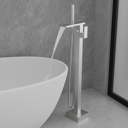 RUMOSE Brushed Nickel Bathtub Filler Freestanding Tub Filler Floor Mount Tub Faucet Waterfall Bathtub Faucet with CUPC Certified High Flow Brass Bath Shower Faucets with Handheld Sprayer