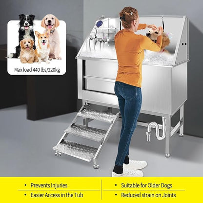 50" Stainless Steel Dog Washing Station, Pet Grooming Tub with Hot/Cold Faucet & Showerhead, Non-Slip Stairs for Small/Medium Dogs & Cats