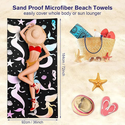 Mermaid Silhouette Beach Towel 36"x72" Quick-Dry Soft Microfiber with Starfish Seahorse Pattern Black Background
