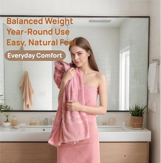 Cotton Bath Towel – Large 30x60 Inches, Soft, Thick & Absorbent Towel for Bathroom, Spa, or Home Use (Pink, 4 Pack – 30"x60")