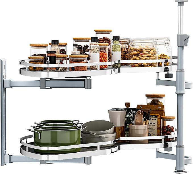 DWVO Corner Cabinet Organizer, 2-Tier Blind Corner Pull Out with 270° Rotating Shelf, Left Swing Tray, Heavy-Duty Iron, Easy-Install Template, 32.7"x17.3"x21.3", Gray