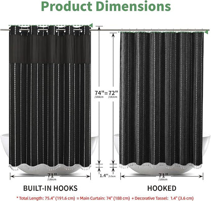 Boho Farmhouse No Hook Shower Curtain Set with Snap-in Fabric Liner,Heavy-Duty Linen Textured Rustic Striped Design,Water-Repellent with Tassels and Sheer Window,Black,71x74