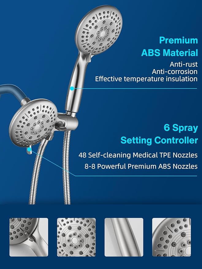 Cobbe 48-Setting High Pressure 3-Way Shower Head Combo, Hand Held Shower & Rain Shower Separately or Together, 4.7" Dual 2 in 1 Showerhead with Hose - Brushed Nickel - U.S. Invention Patents