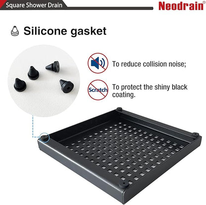 Neodrain 6-Inch Black Shower Drain, Square Drains with Removable Quadrato Pattern Cover, 304 Stainless Steel, Shower Drain Kits with PVC Base&Hair Catcher Strainer, Shiny Black