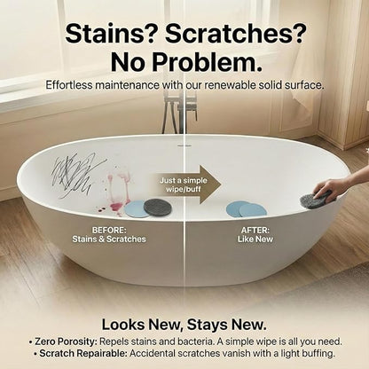 Cpingao 63" Solid Surface Freestanding Bathtub, Modern Oval Shape Soaking Tub, Stone Resin Stand Alone Bathtub with Drain & Integrated Slotted Overflow Matte White 8845-1600
