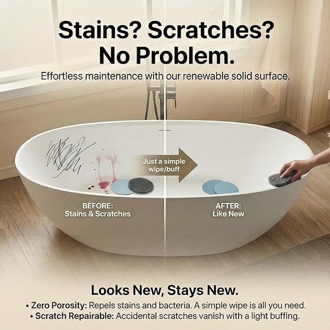 Cpingao 59" Stone Resin Freestanding Bathtub, Elegant Oval Shape Soaking Tub, Solid Surface Stand Alone Bathtub with Drain & Integrated Slotted Overflow Matte White 8845-1500