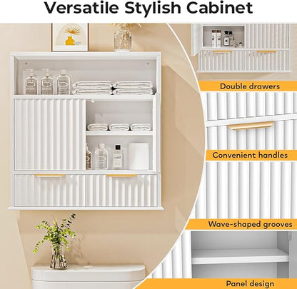 Bathroom Wall Cabinet, Wall Mounted Medicine Cabinet with Drawers, Modern Farmhouse Storage Cabinet with with Adjustable Wood Shelf & Doors for Bathroom, Kitchen, Laundry Room (White)