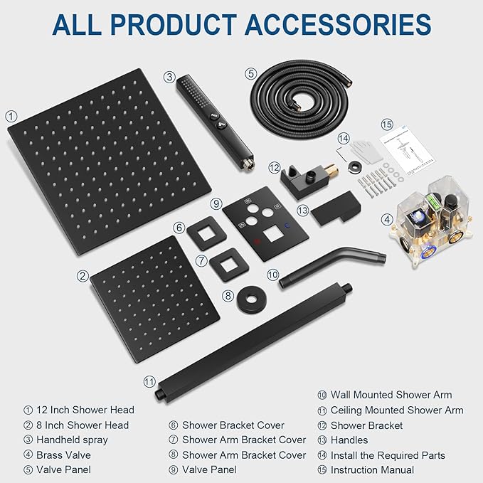 Shower Faucet Set Black Shower System, Ceiling Mount 12 Inch Shower Head With Wall Mount 6 Inch Shower Head and 2 in 1 Handheld Spray, Push Button Diverter Shower Valve Trim Kit Complete