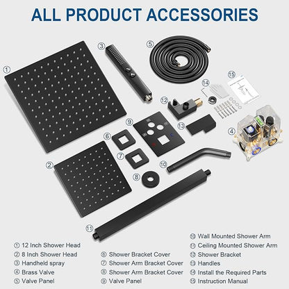 Shower Faucet Set Black Shower System, Ceiling Mount 12 Inch Shower Head With Wall Mount 6 Inch Shower Head and 2 in 1 Handheld Spray, Push Button Diverter Shower Valve Trim Kit Complete