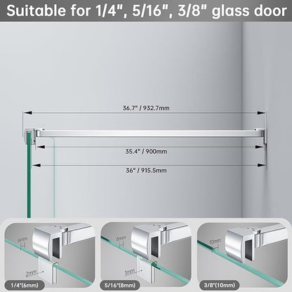 Frameless Shower Door Support Bar, Stainless Steel Wall-to-Glass Support Arm to Fixed Shower Glass Panel, for 1/4"-3/8" (6-10 mm) Door, 180° Pivot & Stow-Flat Mode (Chrome, 35.4-inch(900mm))