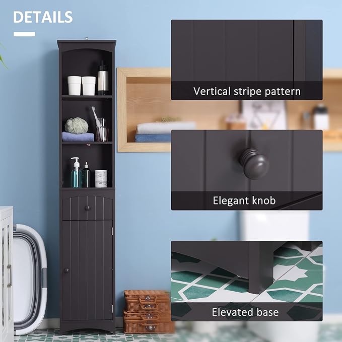 HOMCOM Bathroom Storage Cabinet, Free Standing Bathroom Storage Unit, Tall Linen Tower with 3-Tier Shelves and Drawer, Brown