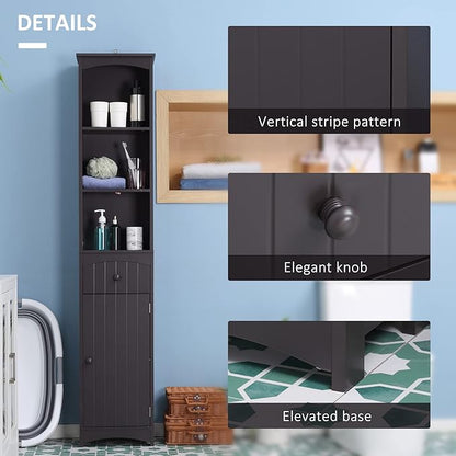HOMCOM Bathroom Storage Cabinet, Free Standing Bathroom Storage Unit, Tall Linen Tower with 3-Tier Shelves and Drawer, Brown