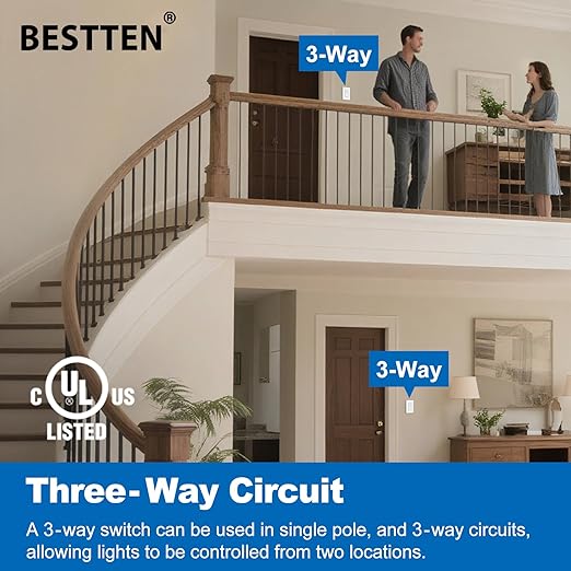 BESTTEN 10 Pack 3-Way Decorator Wall Light Switch with Wallplate, 15A 120V/277V, Single Pole or Three Way, On/Off Paddle Rocker Interrupter, UL Listed, White