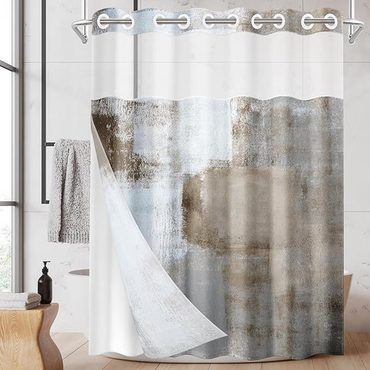 No Hook Grey Brown Painting Shower Curtain with Snap in Fabric Liner Set, Gray Abstract Double Layers Waterproof Fabric with See Through Top Window Open Grommet Bath Curtain 71x74 Inch