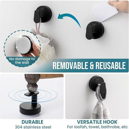 TAILI Stylish 304 Stainless Steel Bathroom Suction Hooks for Towel, Bathrobe, Loofah, No Damage Hanging Glass Shower Wall Hook, Patented Strong Suction Cup Holder, Hold Up to 11 Lbs, A-Cylinder Black