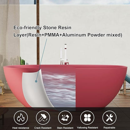 GIVINGTREE 65'' Freestanding Solid Surface Resin Stone Bathtub, Contemporary Design Stand Alone Tub with Pop-up Drain and Overflow, cUPC Certified, Pink (Oval)